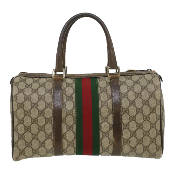 GUCCI Web Sherry Line GG Canvas Boston Bag PVC Leather Beige Green Auth rd4090 - Picture 2 of 16